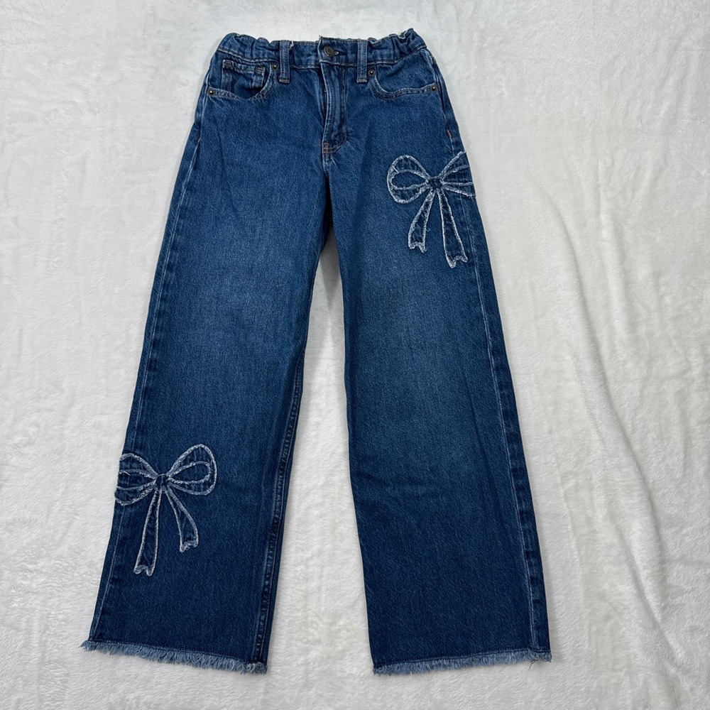 Gap Kids Jeans Girls 12 Blue Low Stride Wide Leg Bow Embroidered Raw Hem Denim
